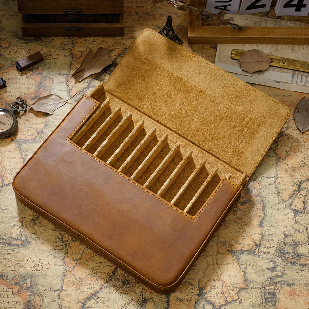 12-slot High Quality Crazy Horse Leather Fountain Pen Case Handmade Drawer-Style Student Stationery Storage Box Business Gifts
