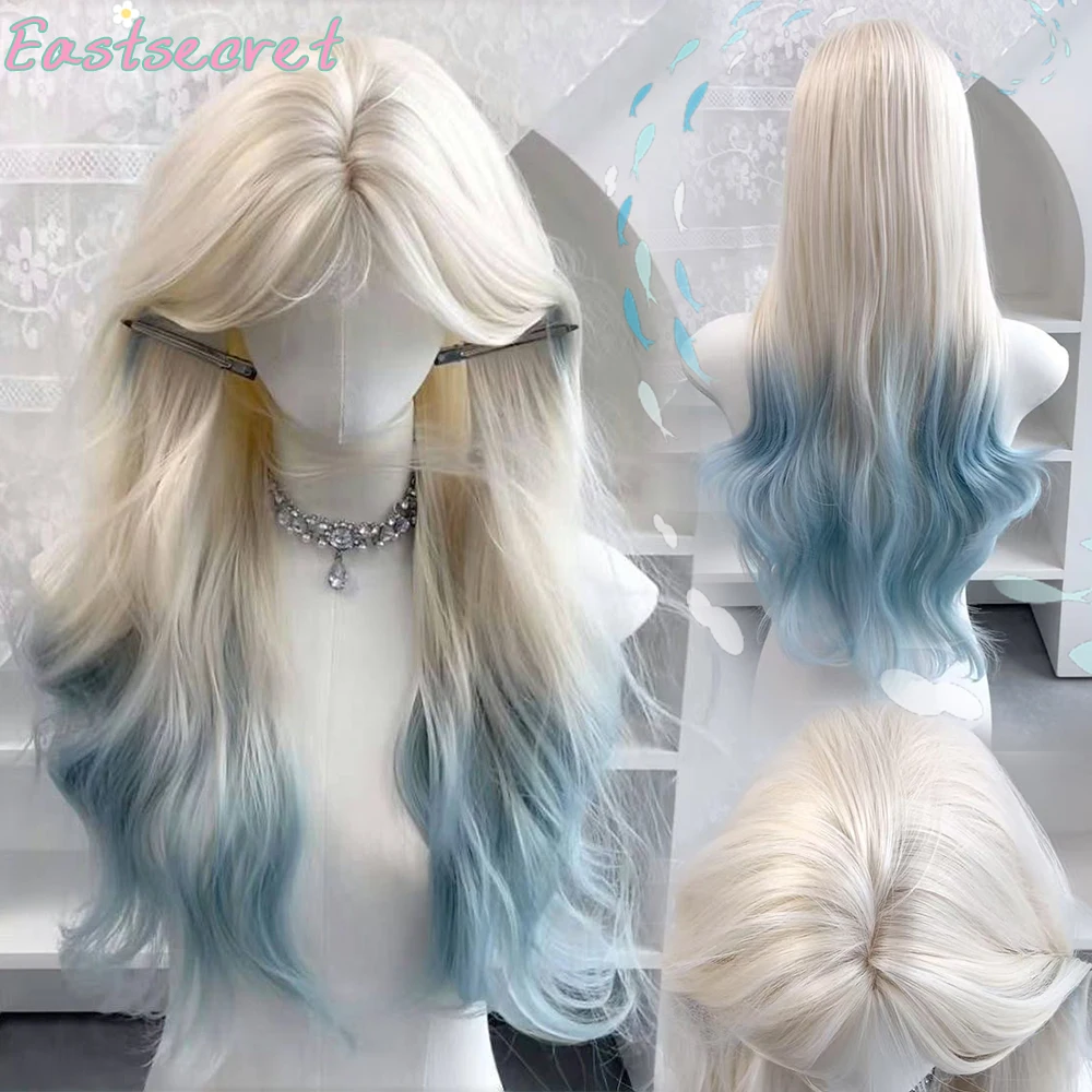 

Synthetic Long Wavy Lolita Wig with Bangs Synthetic Daily Wear Wig Cute Ombre Blue Blonde Cosplay Party Halloween Wig for Women