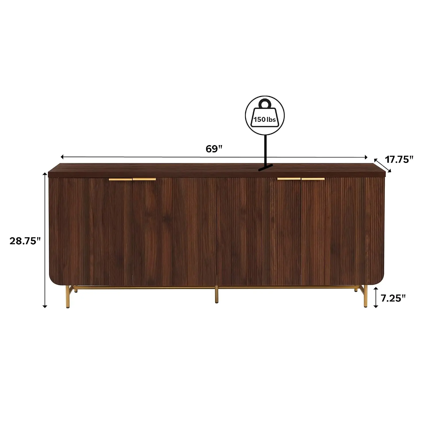 Fluted 4-Door Kitchen Sideboard Buffet Console 69 Inch Gold Dark Walnut, Customized