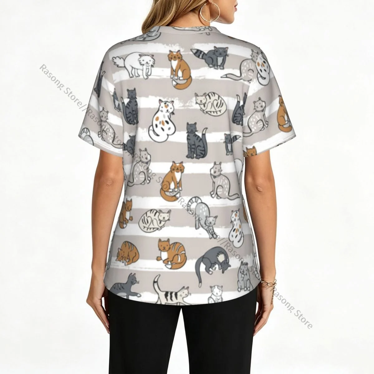 Cute Cartoon Cats Illustration Scrubs tops medical uniforms women V Neck Stretch Scrub Shirt Dentist doctor Blouse