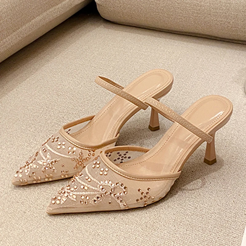 

Eilyken New Fashion Crystal Mesh Fabric Thin Heels Woman Pumps Slippers Elegant Pointed Toe Party Prom Mule Slide Shoes