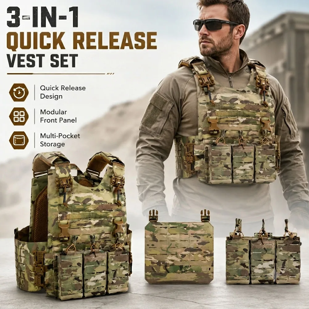 3 in 1 Tactical Vest Set MOLLE Quick Release Vest with Portable Panel Triple Mag Pouch for Outdoor Airsoft Training Hunting