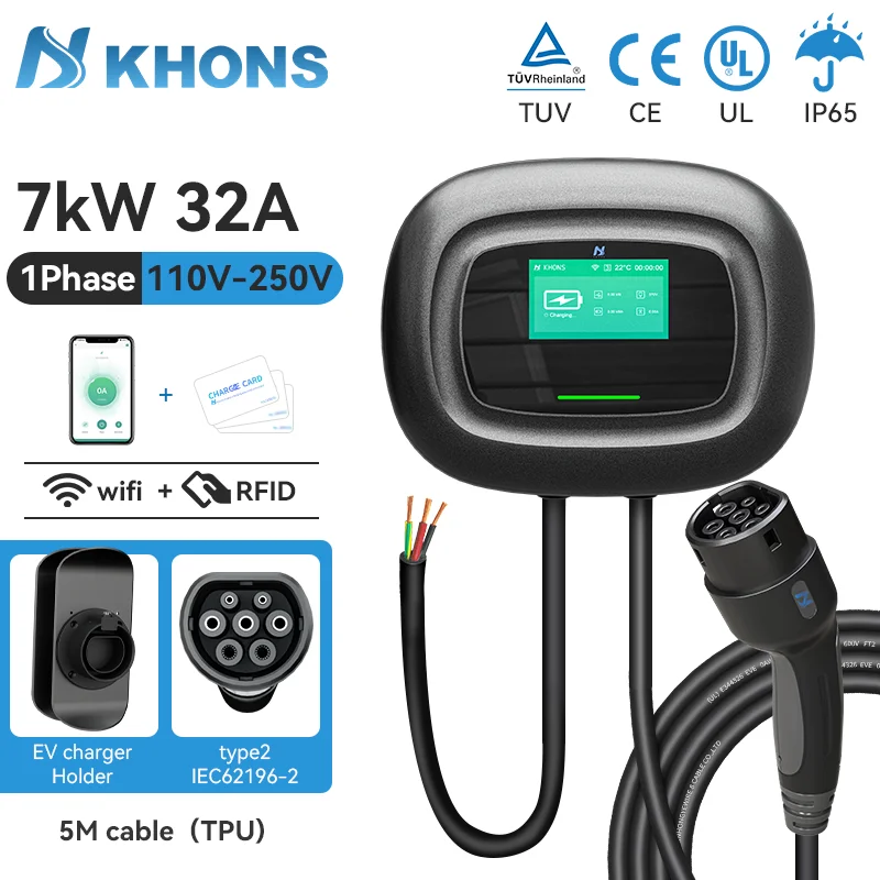 Khons EV Charger 7kw Type2 Electric Vehicle Charging Station 32A Electric Car EVSE Wall Mounted Charging WallBox With WIFI APP