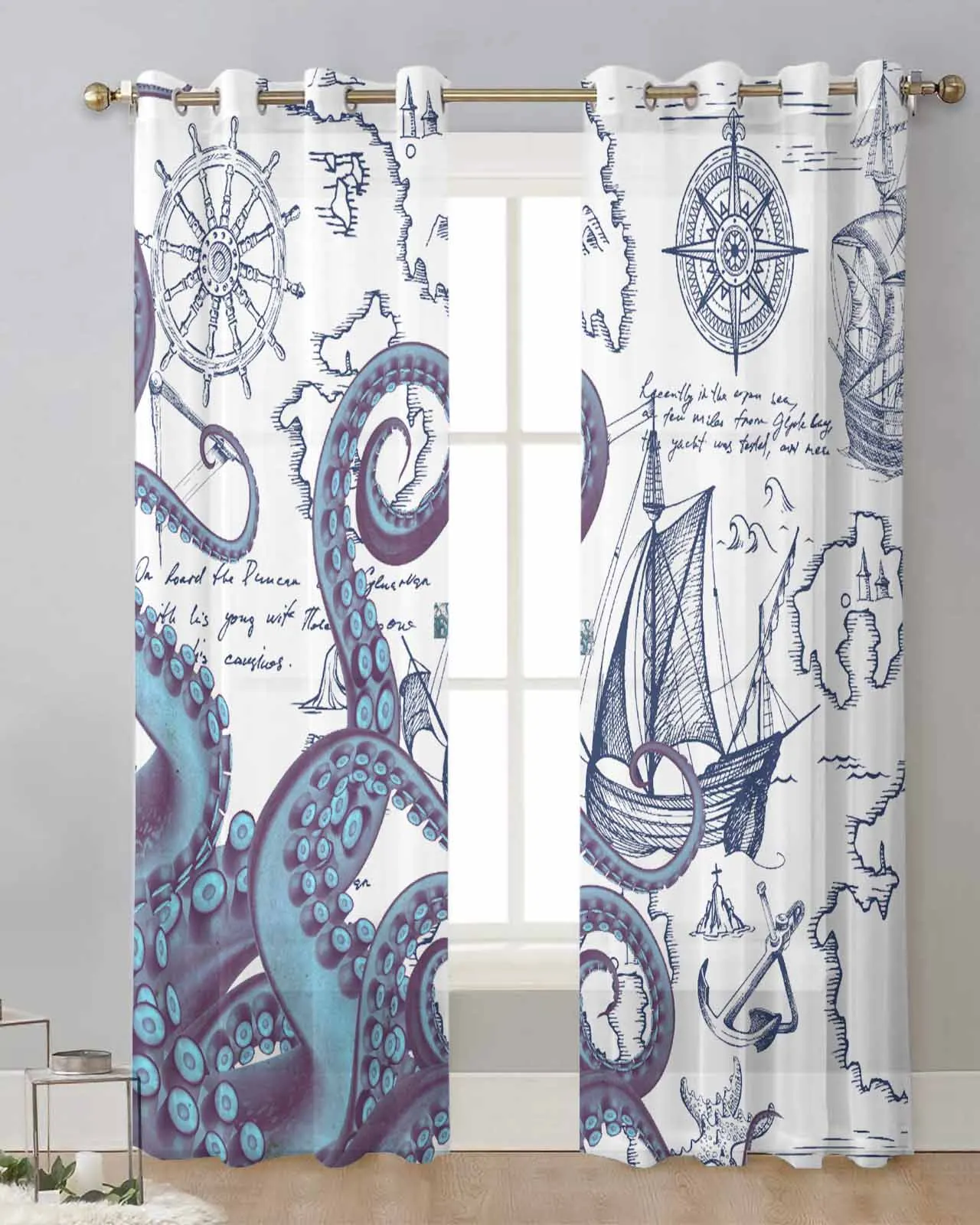 

Pirate Ship Navigation Chart Octopus Tentacles Tulle Curtains Living Room Sheer Window Treatments Voile Drapes with Grommets