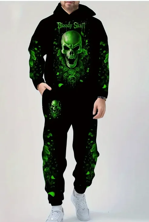 

2025 Halloween Men's 2Pcs Outfits 3D Skull Print Hooded Sweatshirt Men Women Casual Sportswear Set Kids Hoodie+Pants 2pcs Set