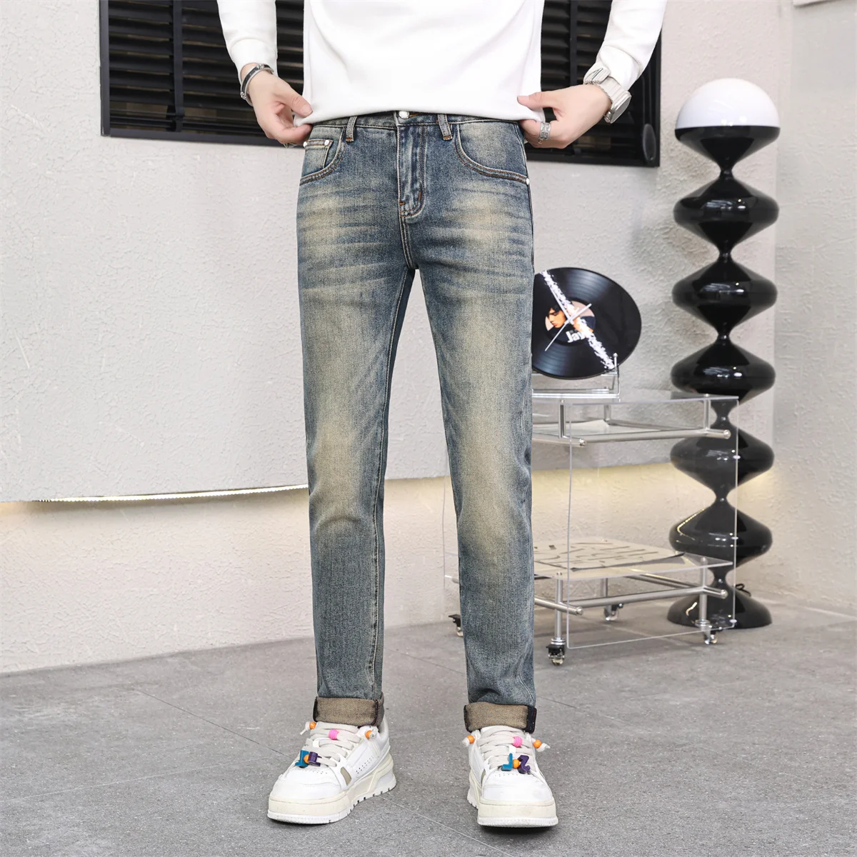 

Мужские джинсы премиум-класса в стиле ретро, зауженные, повседневные, универсальные, из эластичного хлопкового денима, со средней посадкой, на молнии, для осени