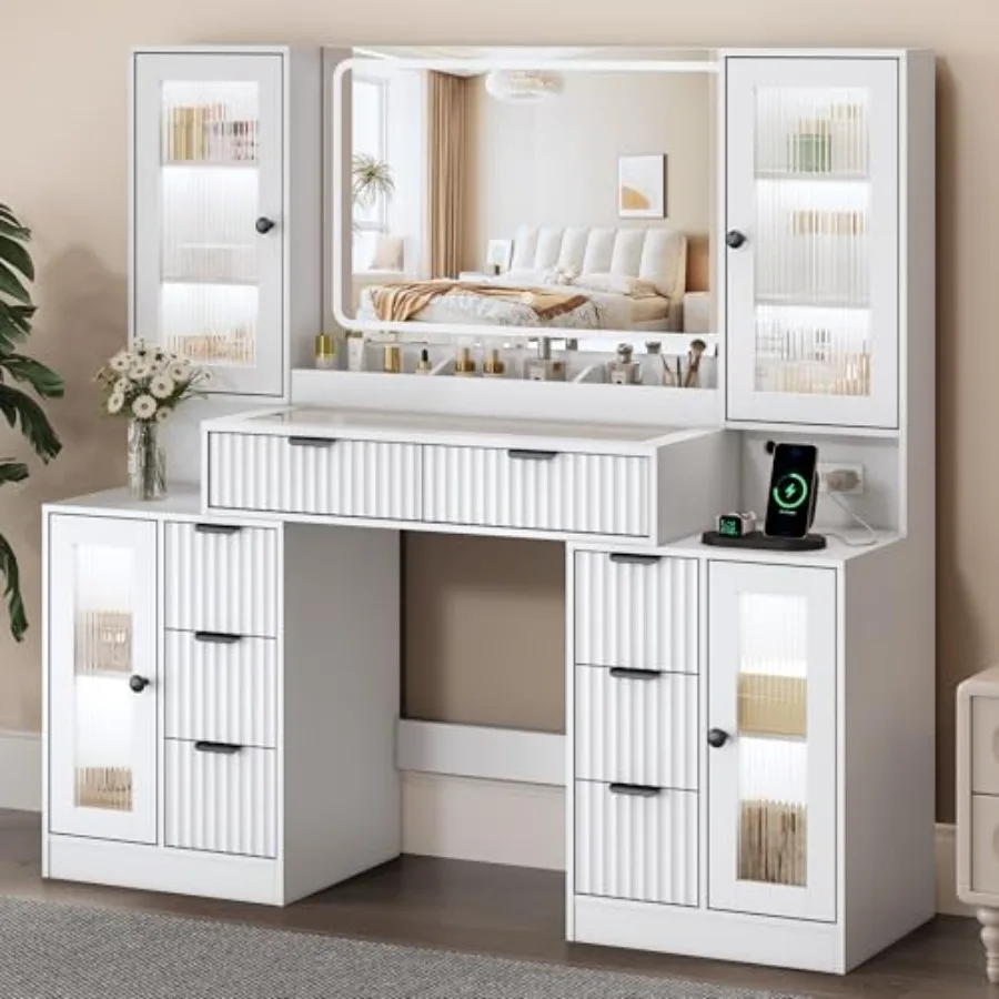 

Vanity Desk for Makeup Application, Tempered Glass Top, White, Fluted Design with 8 Drawers 4 Cabinets, RGB Cabinet Lighting, 3
