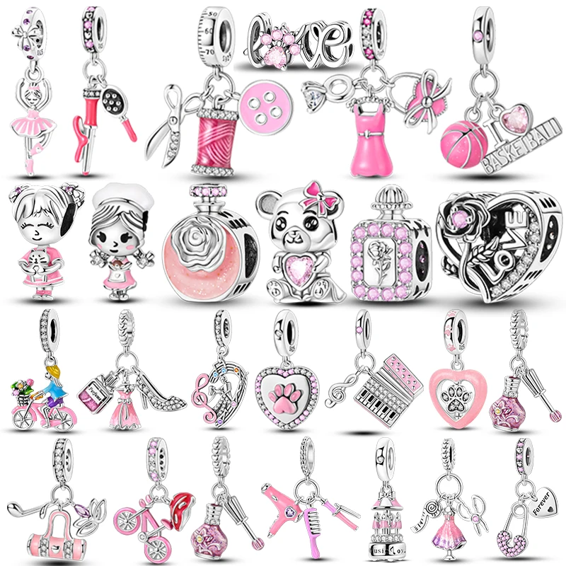 New 925 Sterling Silver Pink Series Scissors Dancing Skirt Buttons Pendant Love Beads Bags Charms Fit Bracelets DIY Jewelry Gift