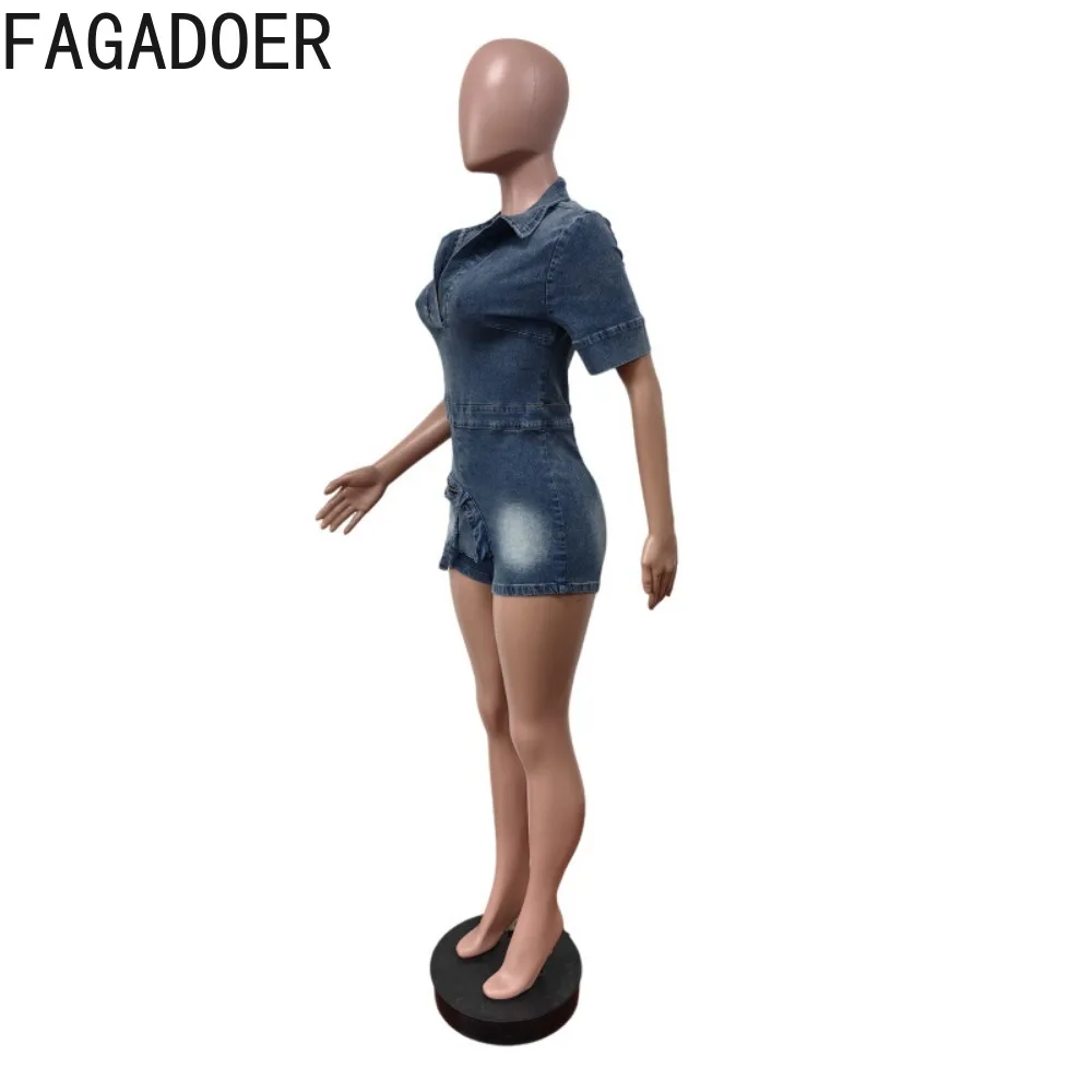 FAGADOER Fashion Cargo Pocket Patchwork Denim Romper Women Lapel Deep V Bodycon One Piece Jumpsuits Female Streetwear Overalls