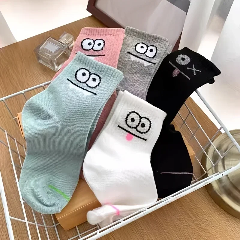 5 pares de calcetines con estampado de cara divertida, calcetines de tubo medio cómodos e informales, medias y calceterías para mujer