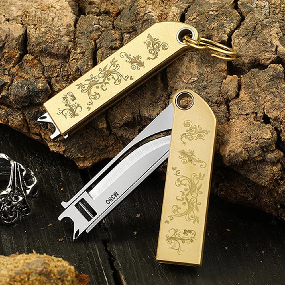 M390 Blade Folding Knife Self Defense Brass Handle Survival Camping Keychain Emergency Pocket Knife Portable Mini Jackknife