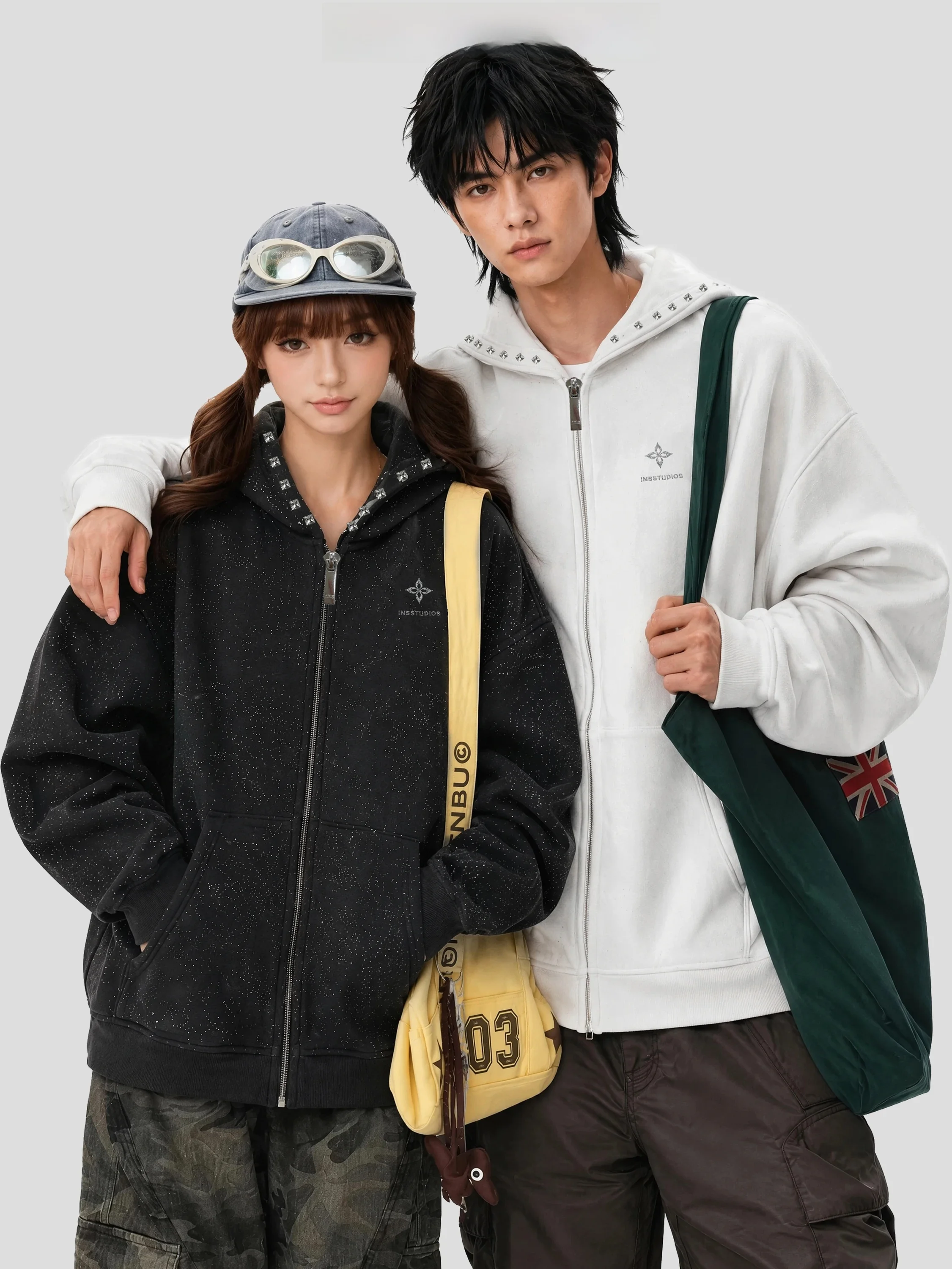 INSstudios American Gem Embellished Fleece Lined Loose Women's Sweatshirt Cardigan Outerwear Starry  Design Casual Hoodie