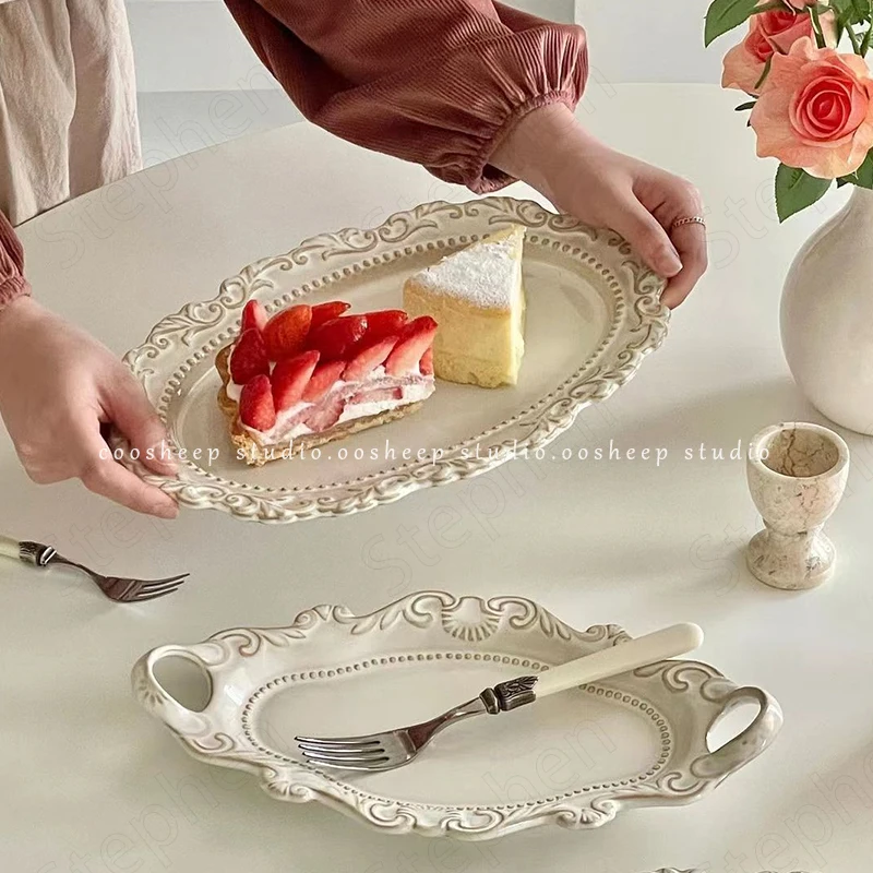 Vintage Relief Ceramic Plates European Classical Lace Embossing Process Steak Pasta Dinner Plate Cake Dishes Household Tableware