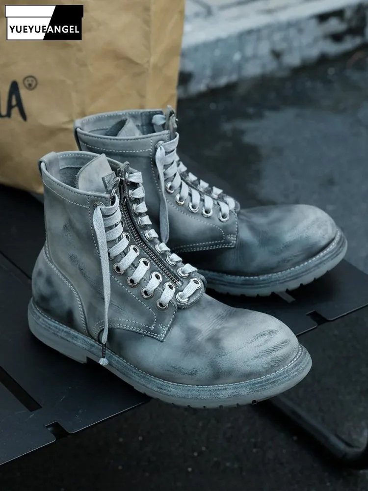 Designer High Quality Handmade Shoes Distressed Genuine Leather Boots Male Round Toe Zipper Punk Cowskin Motorcycle Ankke Boots