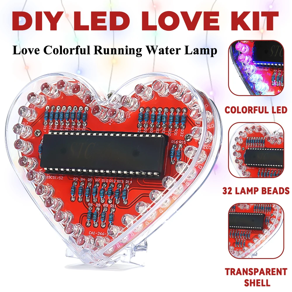 LED Heart-Shaped Flow Light DIY Electronic Kit with 32 Colorful LED Lights DIY Soldering Practice Kit Battery Powered