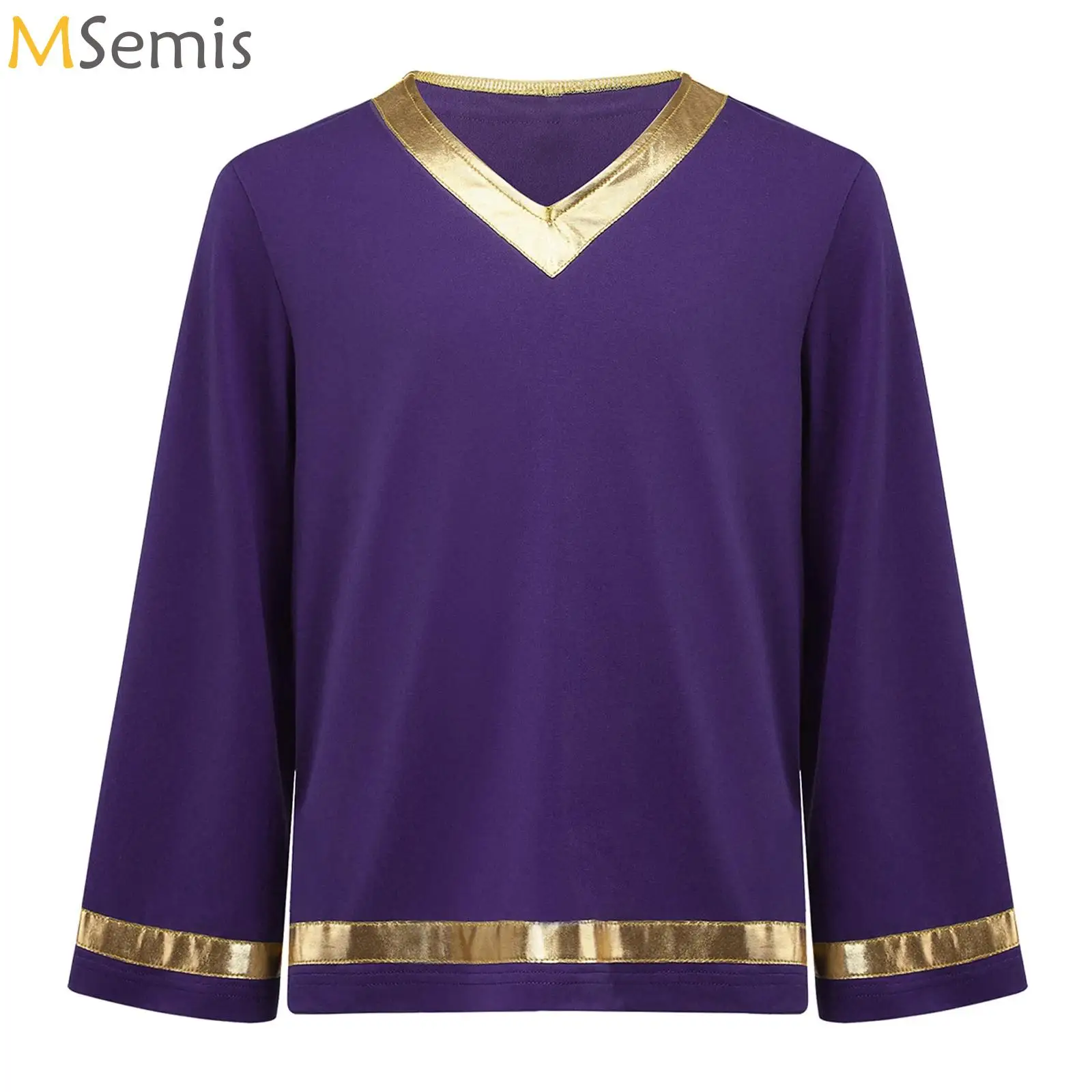 

Kids Boys Dance Pullover Shirts Children Praise Liturgical Dance Tops Long Sleeve Metallic Christian Choir Performance Dancewear