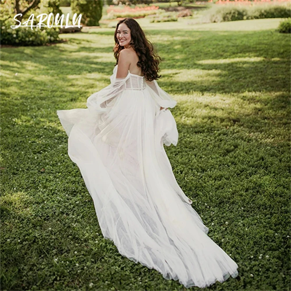 Pleated Tulle A-line Wedding Dress Off-The-Shoulder Long Bride Dresses Sweetheart Bow Romantic Boho Bridal Gown Custom Made