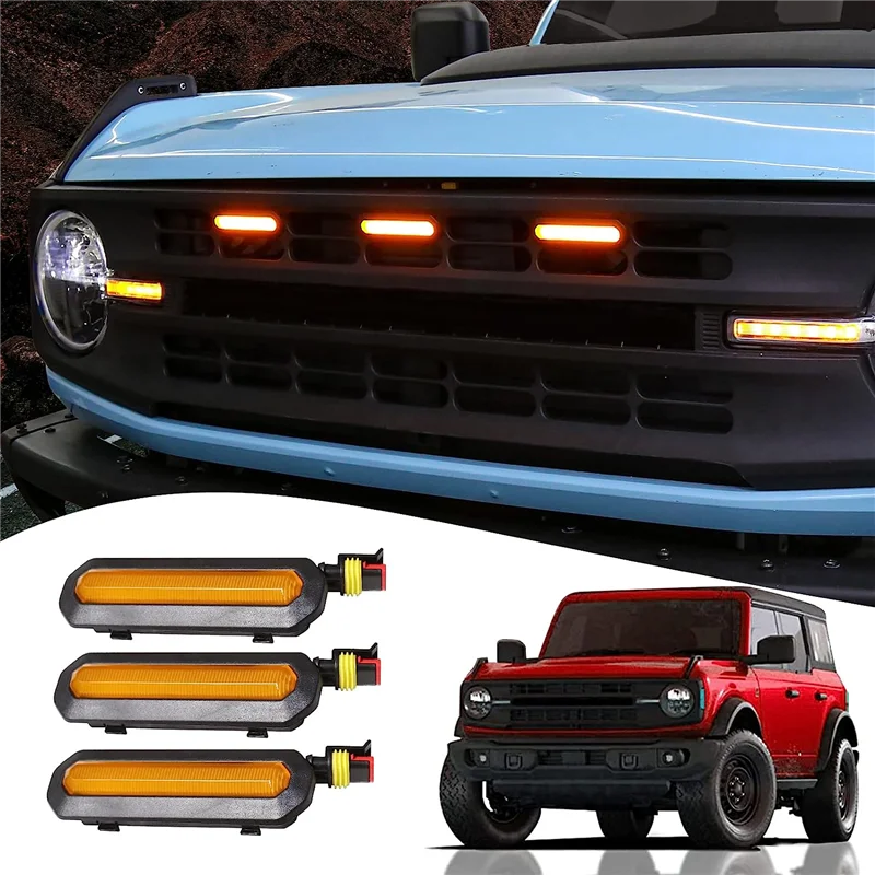 3PCS Front LED Grille Lights for Ford Bronco Accessories 2021 2022 2023 2/4-Door Amber Grille Lamps Kit