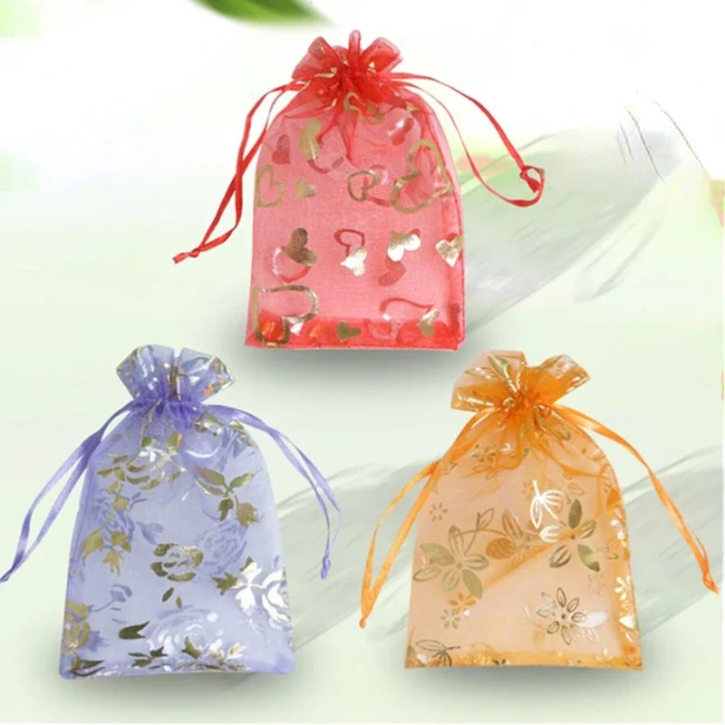 100 Stück Organza-Beutel mit Bronzefarbenen Herzen und Rosen-Design, Geschenkbeutel für Hochzeitsfeier, Dekoration, Schmuckgeschäft, Verpackungsbeutel