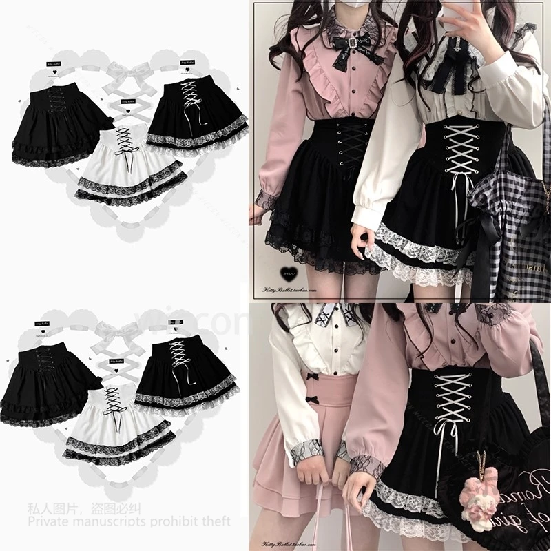 Japanese Style Y2K Jirai Kei Gothic Lolita Skirts A-Line Mini Skirts Dress Lace Ruffles High Waist Bandage Kawaii Halloween