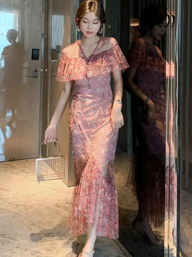ภาษาฝรั่งเศสคําโรแมนติกวันหยุดชุดผู้หญิง Gentle Elegant Sheer ตาข่ายเดี่ยว Ruffles Fishtail Robe Beach Party วันที่ Vestidos