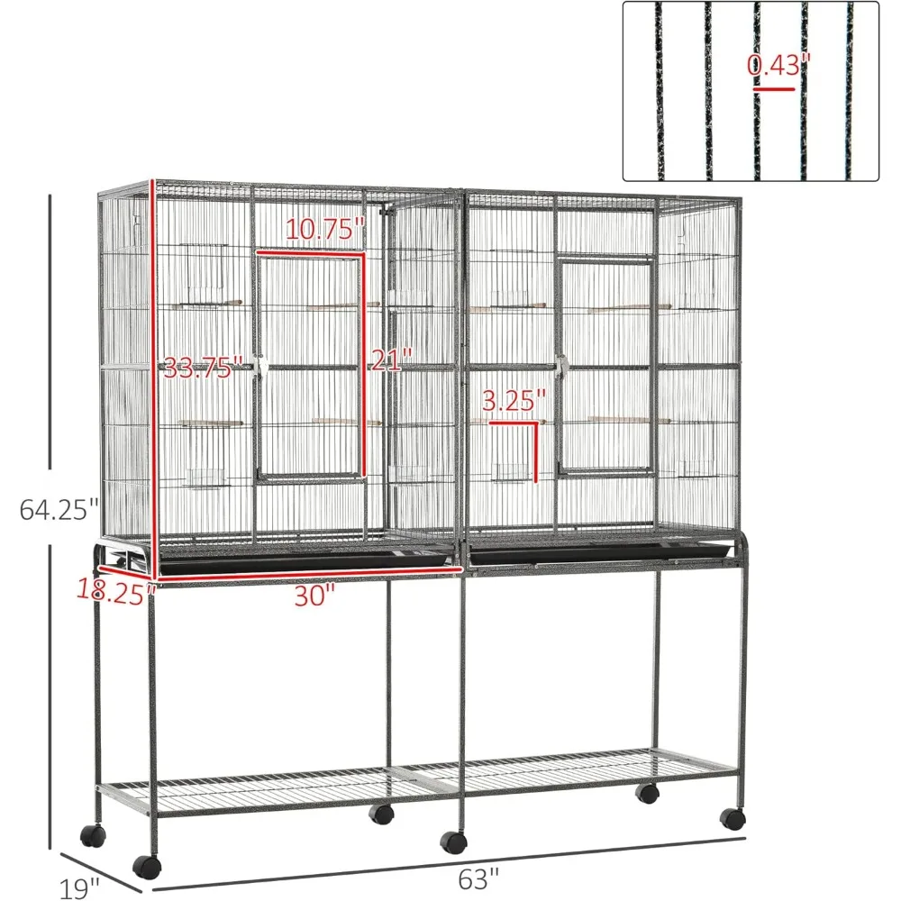 65-дюймовая двойная металлическая клетка для птиц с съемной подставкой, полкой для хранения, деревянным окунем и контейнером для еды