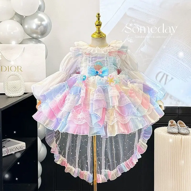 

Baby Toddle Girls Autumn Summer Sweet Lolita Lace Floral Princess Ball Gown Cake Layed Dress Skirts Birthday Party Childrens
