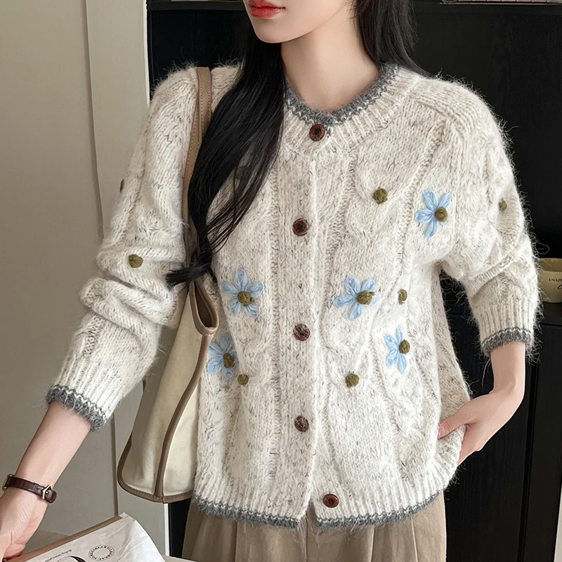

Трехмерный кардиган с круглым вырезом и цветочным принтом, женский осенне-зимний высококачественный свитер с ручным крючком, верхняя одежда в стиле ретро, вязаные топы 2025