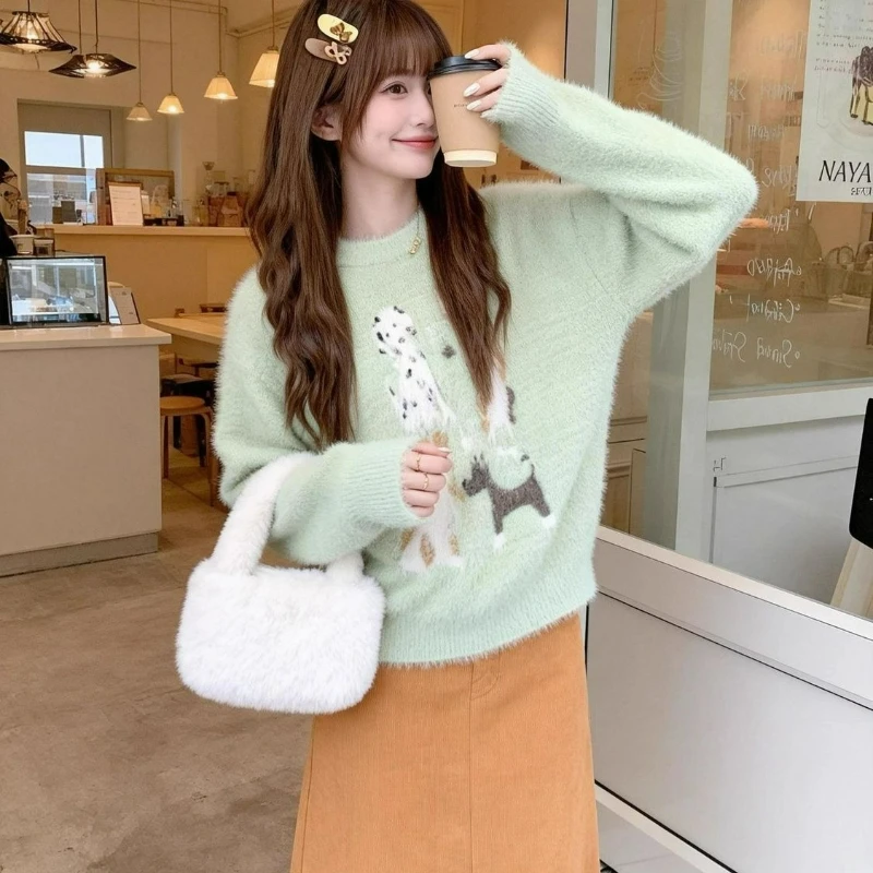 2026 Winter New Fashion Korean-style Laid-back Loose Pullover Top Sweet Cute Imitation Mink Fur Printed Puppy Sweater for Women