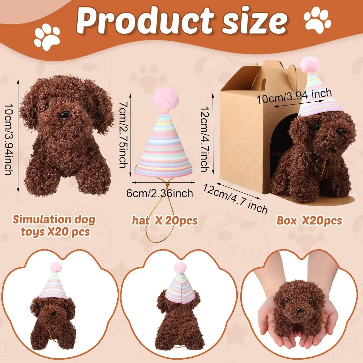 Mini Stuffed Animals Plush Toy Set Includes 20 Birthday Hats 20 Kraft Paper Boxes for Boys and Girls Animal Theme Birthda