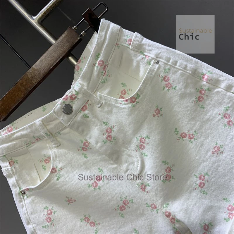 French sweet floral white flanging denim shorts female summer new fashion plus size high waist slim hemmed casual wide-leg pants