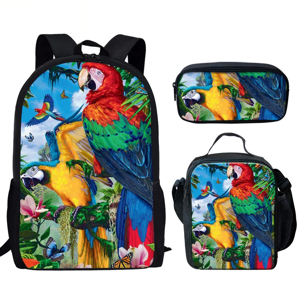 Mochila de papagaios infantil, estampa 3D, sacos escolares para meninas e meninos adolescentes, lancheira da floresta tropical, estojo para lápis, mulheres e homens