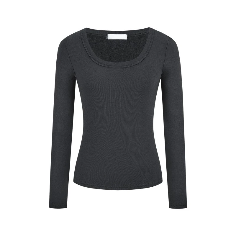 

Fleece-lined Warm Slim U-neck T-Shirts for Women Autumn Winter Simple Long Sleeve Female Base Tops Y2K Korean Solid Casual Tees