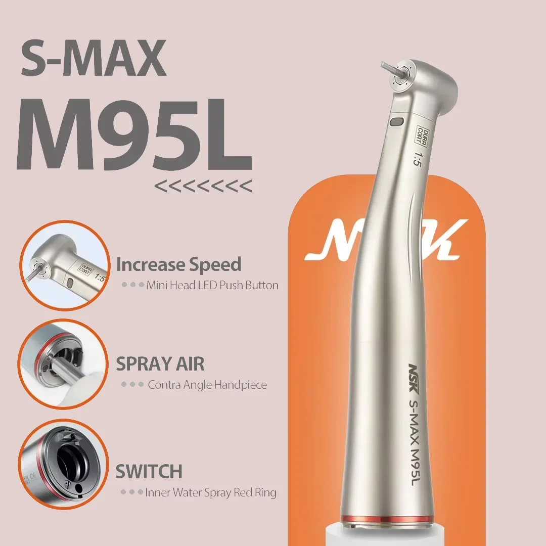 NSK S-MAX M95L Optic Fiber 1:5 Increasing Speed Contra Angle Handpiece Red Rings contraangulo Spray Air On/Off Switch Dental