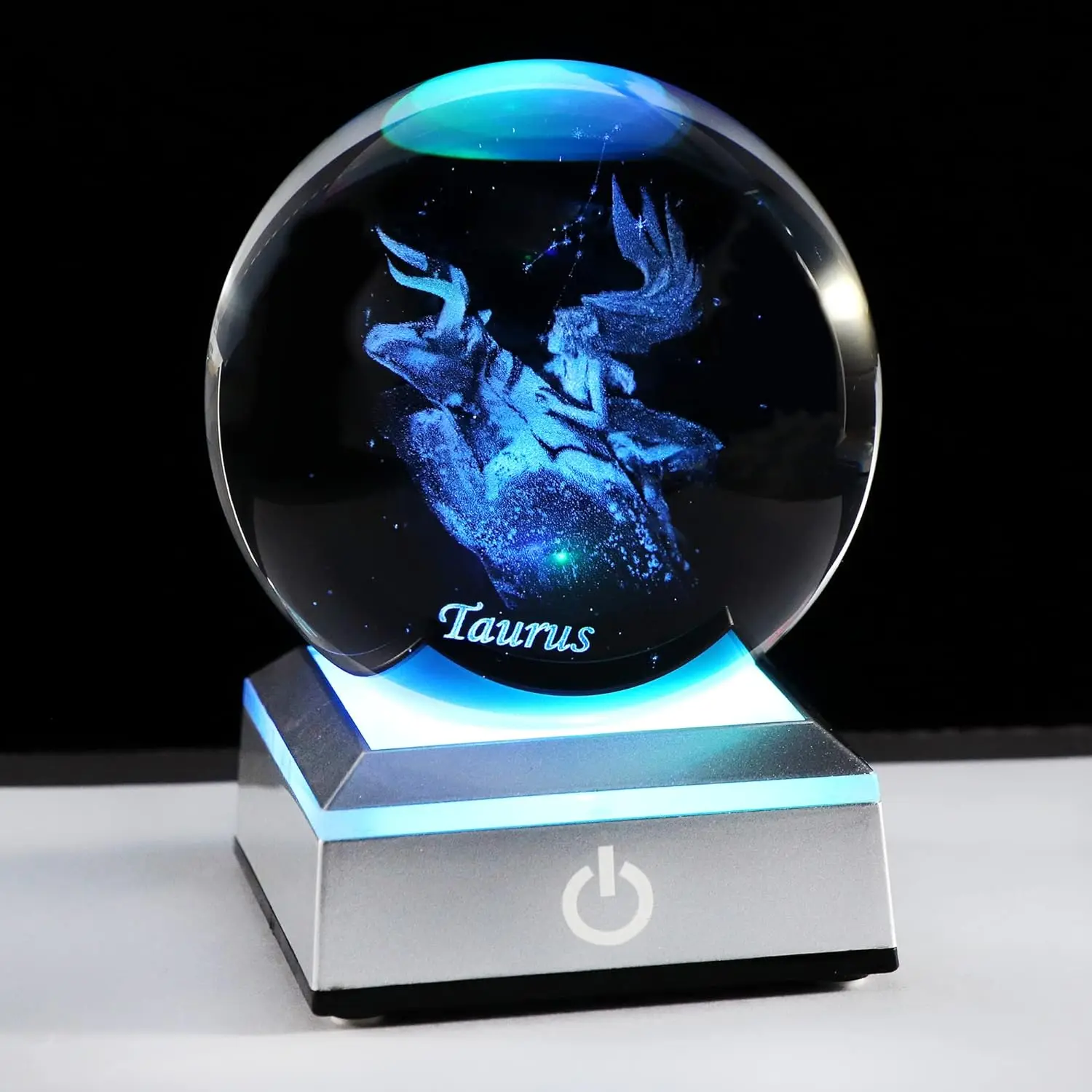 Taurus K9 Crystal Ball with Silver LED Base, 3D Constellation Sphere Figurine, Inner Etched, Miniature, Women Gifts