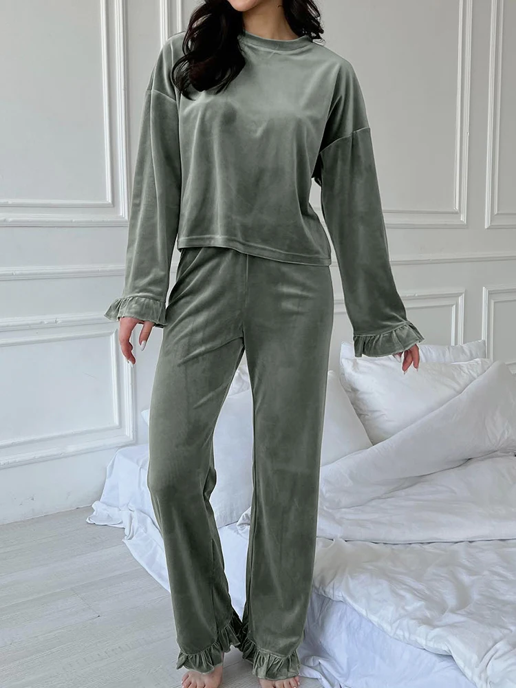 Hiloc Velvet Pajamas For Women 2 Piece Sets Ruffle Long Sleeve O Neck Sleepwear Female Knitted Trouser Suits 2024 Autumn Casual