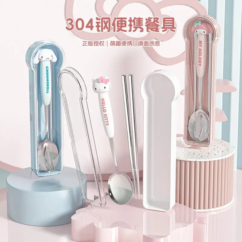 Sanrio Portable Tableware Hello Kitty Cinnamoroll My Melody Stainless Steel Portable Spoons Chopsticks Set Cutlery Camping Gifts