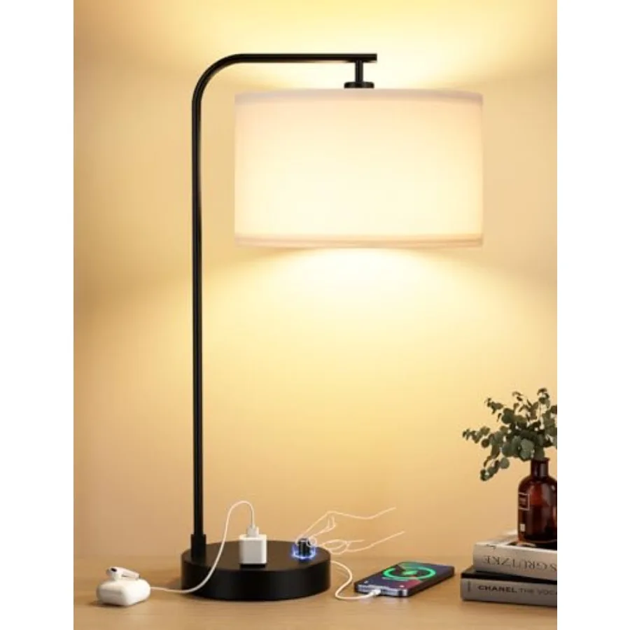 

White Side Table Lamp with USB Port and Outlet, Dimmable Nightstand Bedside Lamps with Linen Lampshade, Desk Lamp for Bedroom,