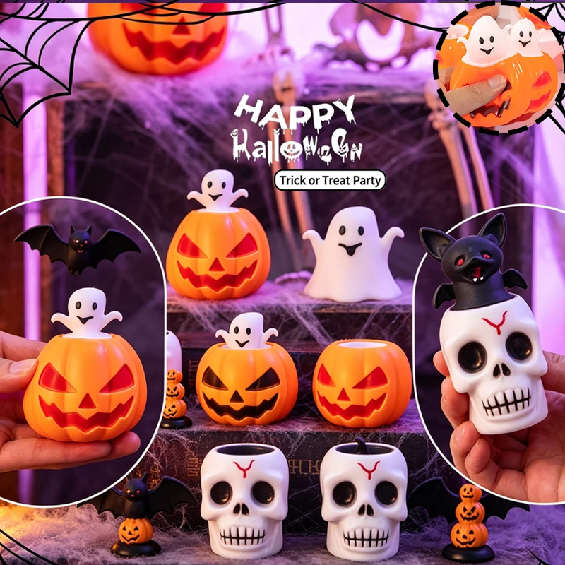 Halloween Spooky Squeeze Pumpkin Ghost Skull Bat Pops Out Fidget Toy Fast Rebound Emotional Release Calming Squish Toy for Focus