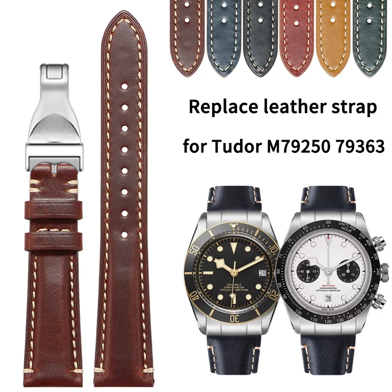 

For Tudor BLACK BAYM 79250 79363 79830 vintage cowhide watch strap 22x18mm belt Men's bracelet Replace Wristband leather