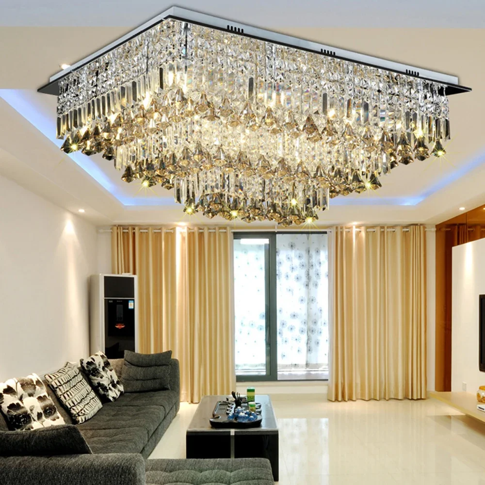 Luxury Square Crystal Ceiling Light, Large LED Flush Mount Chandelier, High-end Living Room Hotel Decorative Lighting Fixture