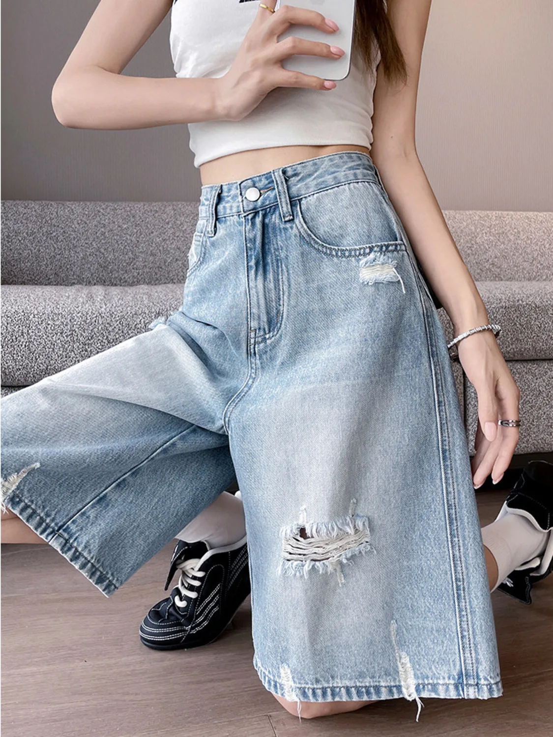 Women High Waist Distressed Denim Bermuda Shorts Wide Leg Ripped Jean Shorts Vintage Wash Casual Summer Y2K Streetwear Cotton view 6