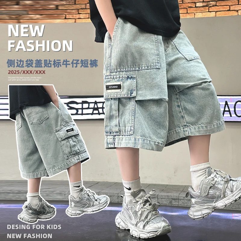 

Teenage Boys Blue Denim Shorts Vintage Fashion Style Knee-Length Cargo Trousers for Ages 4-14Years Toddler Child Fashion Outfit