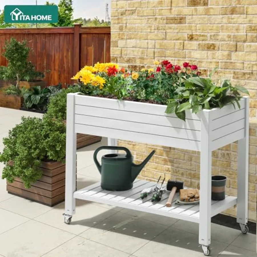 43.3x17.7x34 in Elevated Garden Bed, Outdoor Plastic Planter Box with Wheels, Legs, Drain Plug, and Storage Shelf for Plants, V