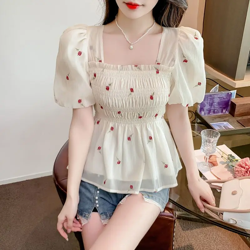 All-match Flower Printing Square Collar Shirring Chiffon Summer Pullover Puff Short Sleeve T-shirt Casual Women\'s Clothing Tops