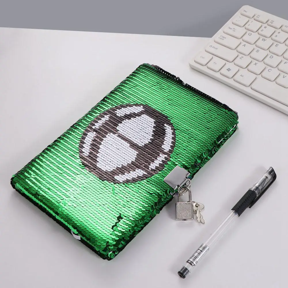Football Notebook with Lock and Keys Creative Reversible Sequin Sequin Notebook Sequin Cover Green Notepad Adults