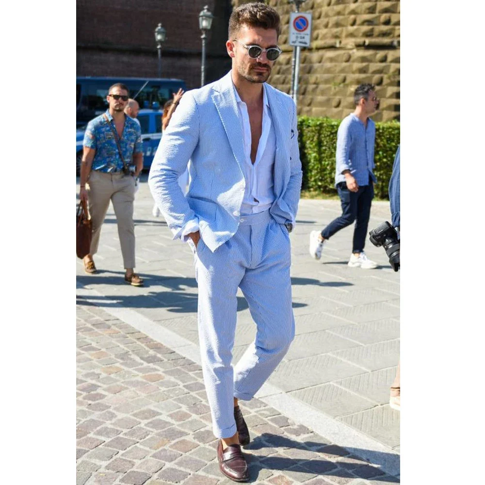 2 Pieces Sky Blue Men Suits Seersucker Suits Notched Lapel Summer Leisure Beach Jacket+Pant  Groom Wedding Tuxedos