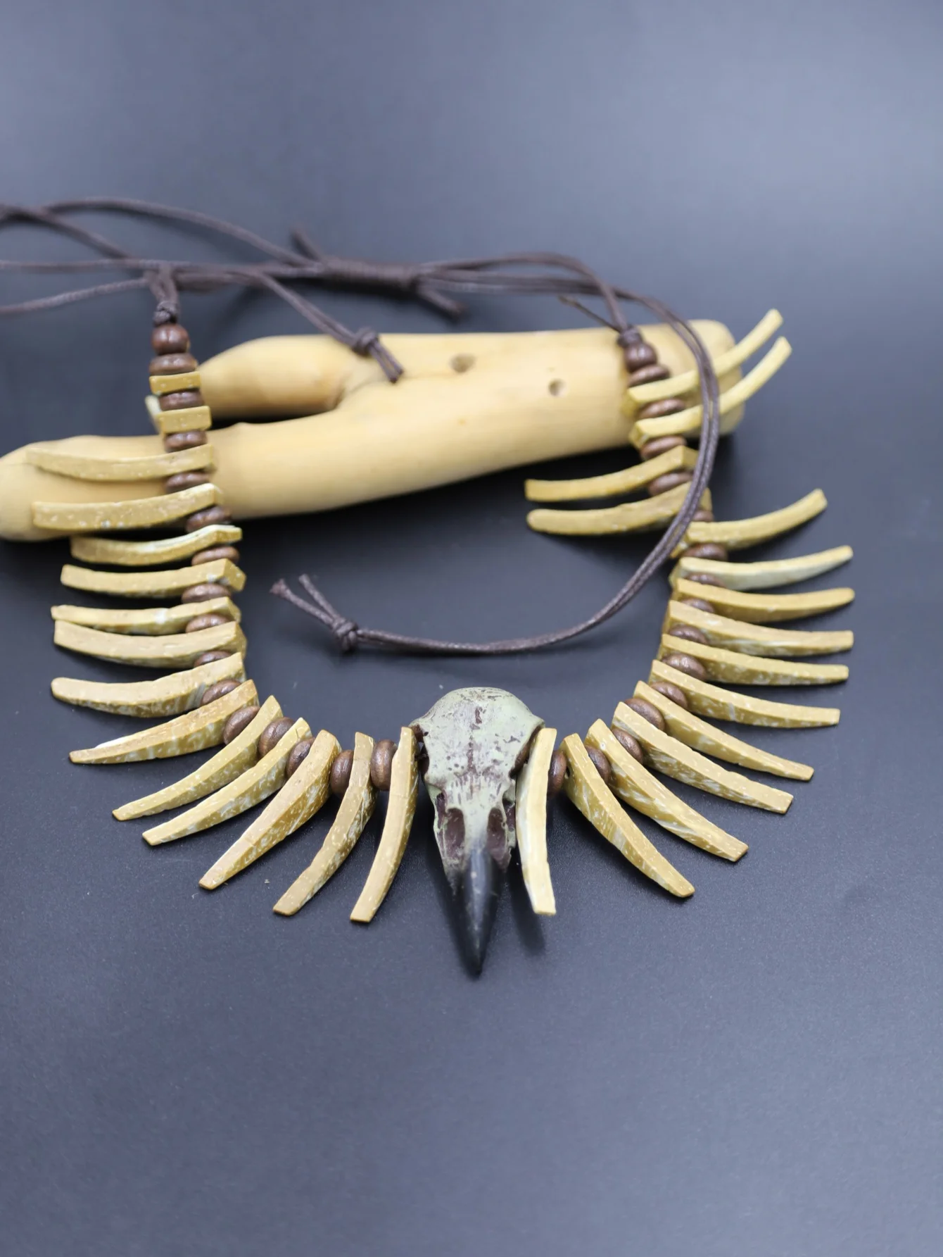 vintage crow skull coconut shell necklace with animal-shaped irregular long teeth, Gothic style (random color for the bird skull view 6