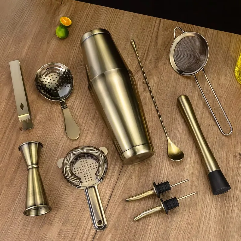 Antique Brass Plated 11 PCS Cocktail Shaker Set Stainless Steel 304 Bartender Tool Kit Bar Accessories Gift Barware Set