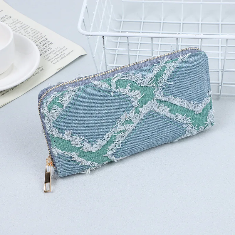 New Retro Patchwork Denim Wallet with A Single Handle Women\'s Long Wallet Card Holder for Women Girls Korean Style Wallet